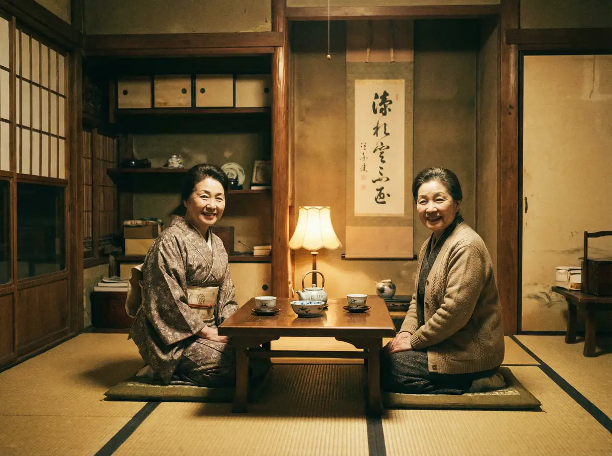 两位优雅的 亚新体育平台 在日式茶室中品茶交谈